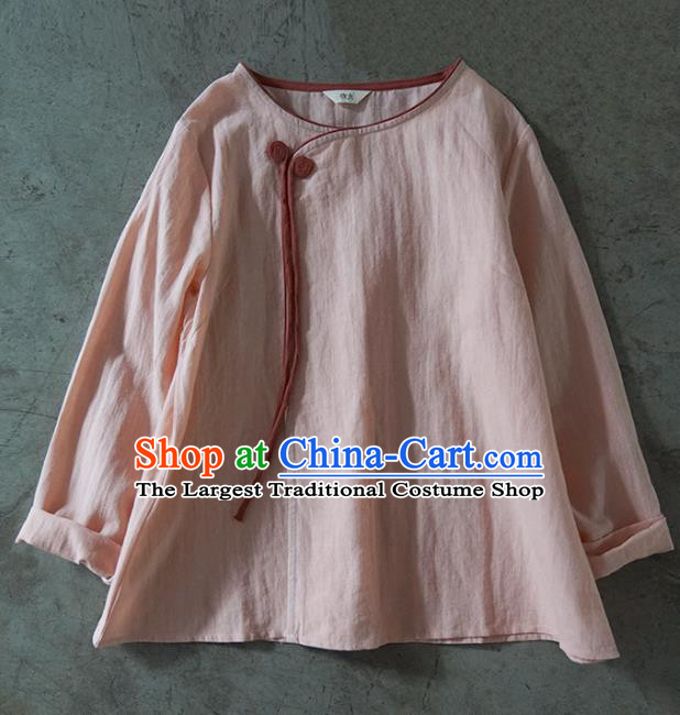Traditional Chinese Tang Suit Pink Shirt Blogger Li Ziqi Flax Blouse Costume for Women