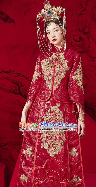 Chinese Traditional Embroidered Red Diamante Xiuhe Suits Wedding Dress Ancient Bride Costume for Women