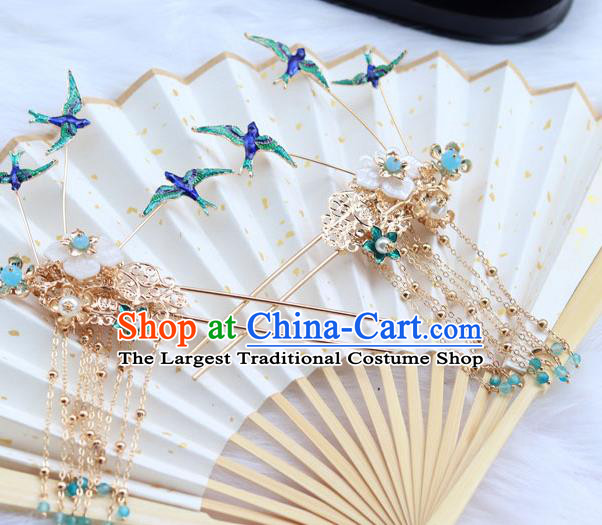 Chinese Ancient Hanfu Hair Clip Hair Accessories Women Headwear Blueing Birds Tassel Hairpin