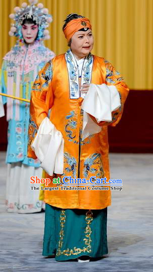 Chinese Peking Opera Elderly Female Garment Costumes Traditional Watch Tower Wang Er Lou Apparels Laodan Golden Dress and Headwear