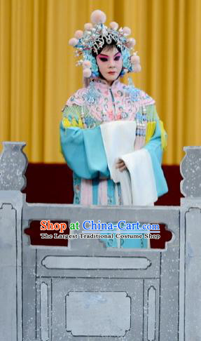 Chinese Peking Opera Hua Tan Garment Costumes Traditional Watch Tower Wang Er Lou Apparels Court Maid Blue Dress and Headwear
