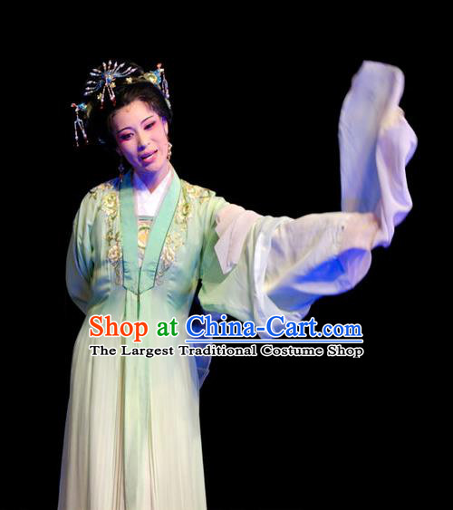 Chinese Shaoxing Opera Hua Tan Costumes Yu Qing Ting Apparels Yue Opera Garment Young Female Noble Lady Green Dress and Headpieces