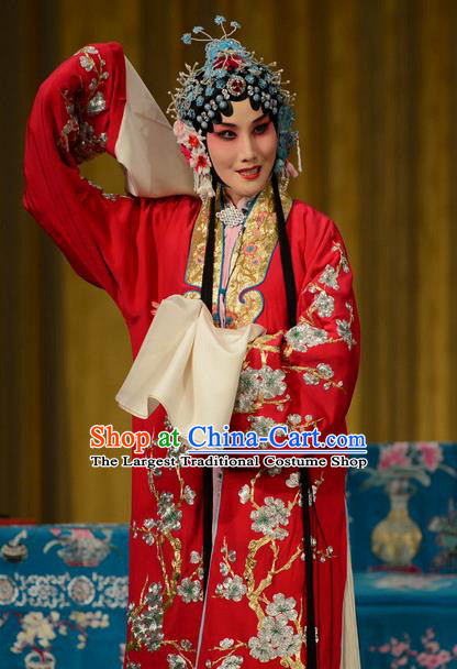 Chinese Beijing Opera Actress Shen Wan E Apparels Shi Wen Hui Costumes and Headpieces Traditional Peking Opera Hua Tan Red Dress Bride Garment