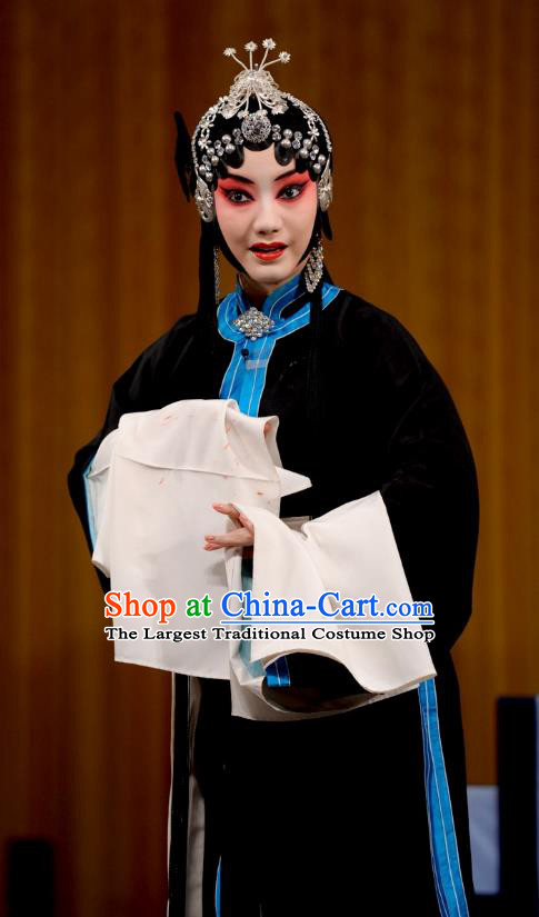 Chinese Beijing Opera Tsing Yi Garment Actress Costumes and Hair Accessories Ding Sheng Chun Qiu Traditional Peking Opera Distress Maiden Black Dress Apparels