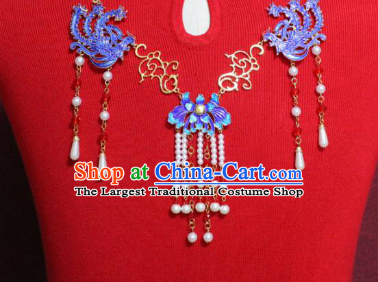 Traditional Chinese Ancient Princess Necklace Handmade Jewelry Accessories Cloisonne Phoenix Pearls Tassel Necklet for Women