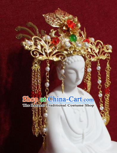 Traditional Chinese Handmade Buddhist Statues Red Flower Phoenix Hair Crown Golden Tassel Hair Accessories
