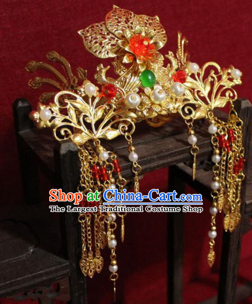 Traditional Chinese Handmade Buddhist Statues Red Flower Phoenix Hair Crown Golden Tassel Hair Accessories