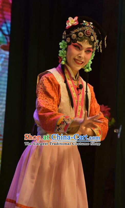 Chinese Jin Opera Village Girl Xiu Gu Garment Costumes and Headdress Shen Gong Qing Hun Traditional Shanxi Opera Young Lady Apparels Xiaodan Dress