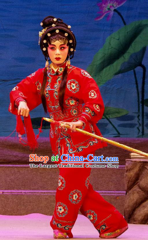 Chinese Cantonese Opera Wudan Red Garment Qian Tang Su Xiaoxiao Costumes and Headdress Traditional Guangdong Opera Xiaodan Apparels Martial Female Xiao Pan Dress