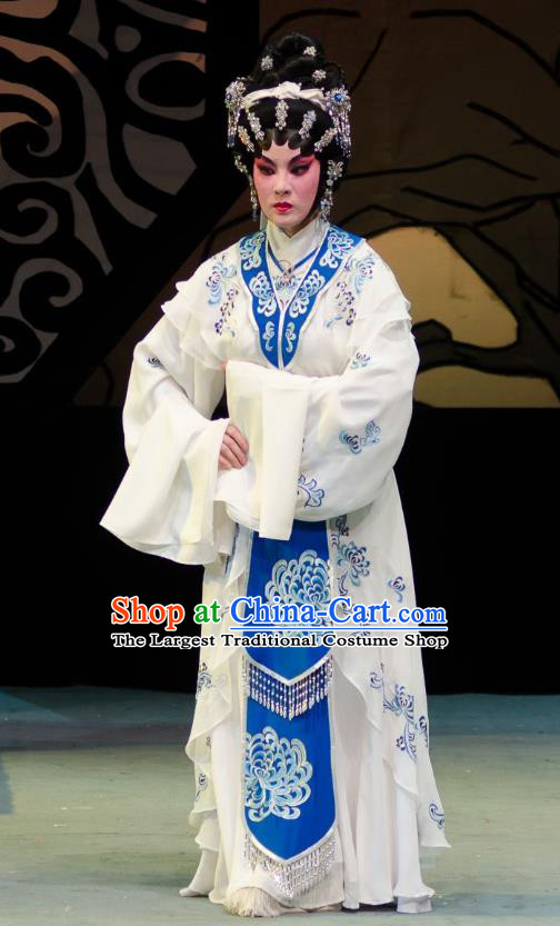 Chinese Cantonese Opera Young Beauty Garment Yuan Yang Sword Qin Huilan Costumes and Headdress Traditional Guangdong Opera Hua Tan Apparels Actress White Dress