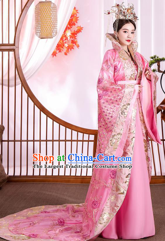 Traditional Chinese Tang Dynasty Court Queen Pink Hanfu Dress Apparels ...
