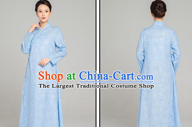 Asian Chinese Traditional Jacquard Maple Leaf Blue Flax Dress Martial Arts Costumes China Kung Fu Robe Garment for Women