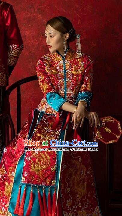 Chinese Traditional Wedding Costumes Bride Apparels Embroidered Xiuhe Suits Red Blouse and Dress for Women