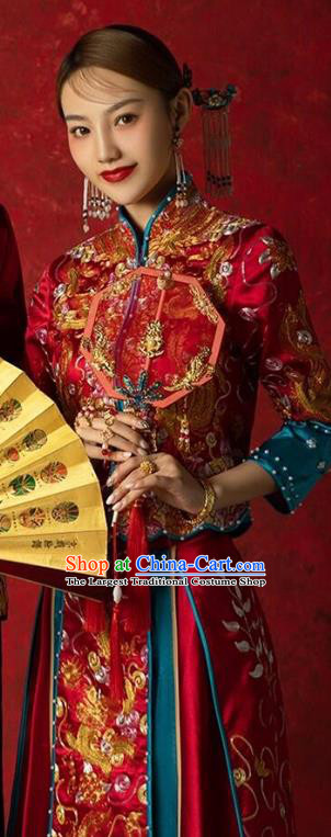 Chinese Traditional Wedding Costumes Bride Apparels Embroidered Xiuhe Suits Red Blouse and Dress for Women