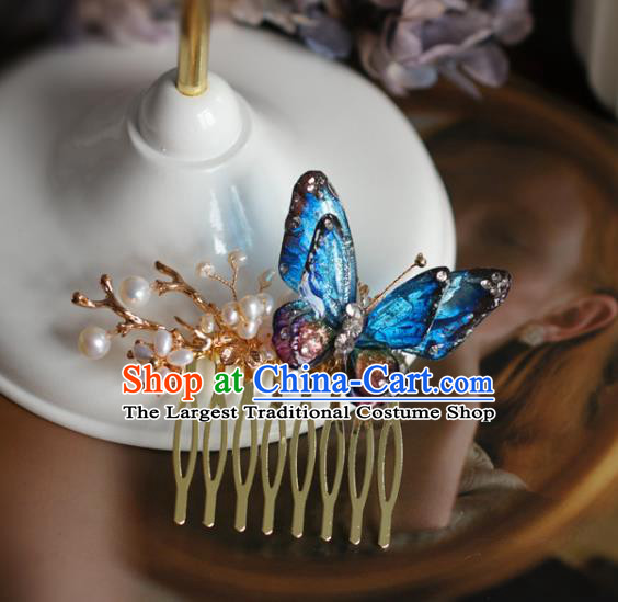 Handmade Retro Blue Butterfly Hair Comb Top Grade Hair Accessories Hair Stick Pearls Hair Pin for Women