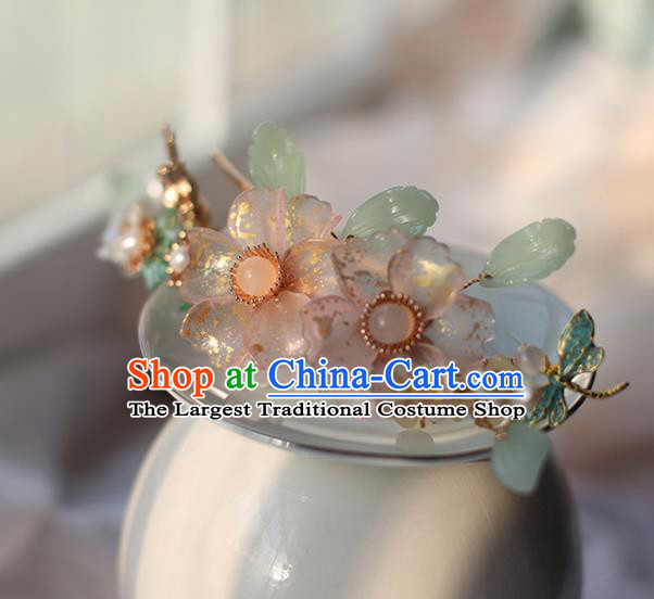 Handmade Chinese Classical Hair Accessories Ancient Princess Pink Flowers Hairpins Hanfu Headwear for Women