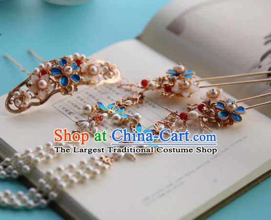 Chinese Classical Ming Dynasty Hair Crown Traditional Hanfu Hair Accessories Handmade Tassel Hairpins Complete Set for Women