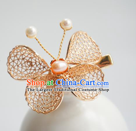 Handmade Chinese Pearl Hair Clip Traditional Hair Accessories Ancient Hanfu Classical Golden Butterfly Hairpins for Women