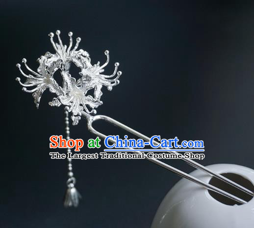 Handmade Chinese Argent Manjusaka Hair Clip Traditional Hair Accessories Ancient Hanfu Classical Tassel Hairpins for Women