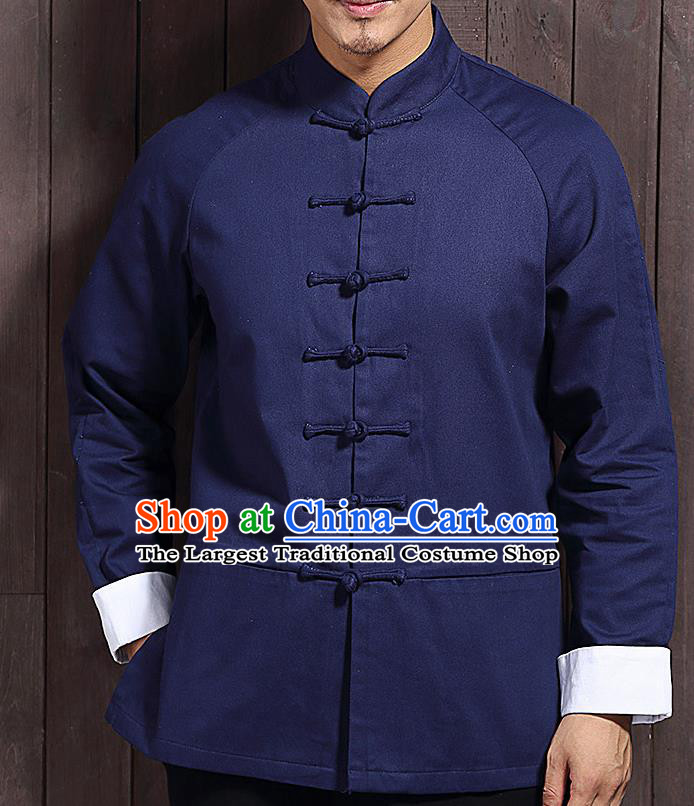 Chinese Traditional Navy Blue Sun Yat Sen Jacket Tang Suit Overcoat Outer Garment Stand Collar Costumes for Men