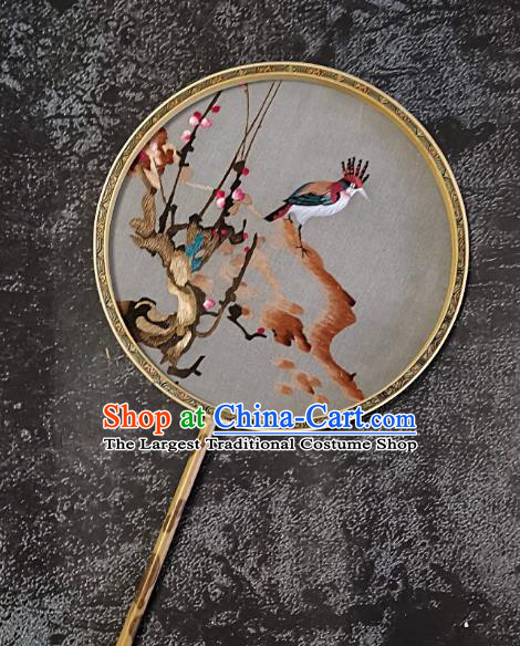 Chinese Traditional Embroidery Flower Bird Palace Fans Handmade Embroidered Mottled Bamboo Round Fan Silk Craft