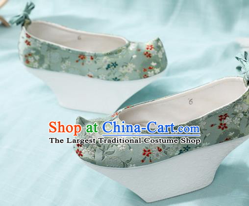 Chinese Qing Dynasty Princess Green Satin Embroidered Shoes Court Women Shoes Ancient Palace Lady Shoes Imperial Consort Saucers Shoes