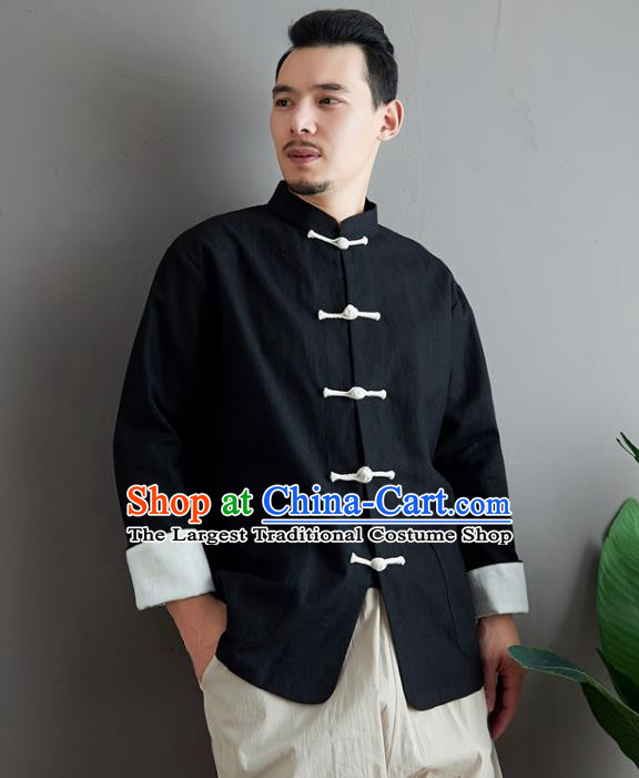 Chinese National Sun Yat Sen Black Flax Jacket Traditional Tang Suit Outer Garment Coat Costume for Men