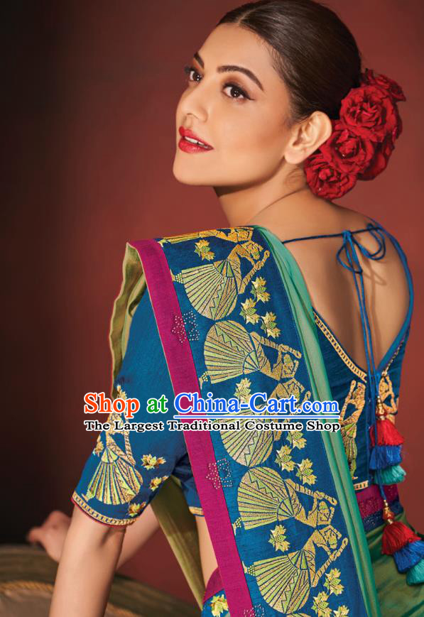 Asian India Bollywood National Dance Green Silk Saree Asia Indian Traditional Court Princess Blouse and Sari Dress Costumes for Women