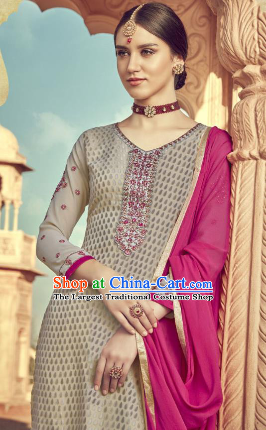Asian India Traditional Suits Costumes Asia Indian National Folk Dance Gray Viscose Long Blouse and Loose Pants Shawl Complete Set