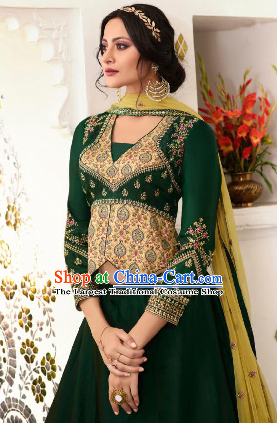 Asian India Wedding Deep Green Silk Lehenga Costumes Asia Indian Traditional Festival Bride Embroidered Blouse and Skirt and Sari Complete Set