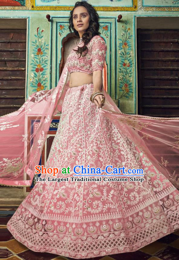 Top Asian India Wedding Lehenga Costumes Asia Indian Traditional Bride Embroidered Pink Blouse and Skirt and Sari Full Set