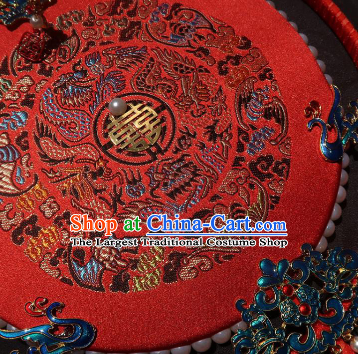 China Traditional Wedding Blueing Phoenix Palace Fan Handmade Hanfu Embroidered Fan Ancient Princess Red Circular Fan