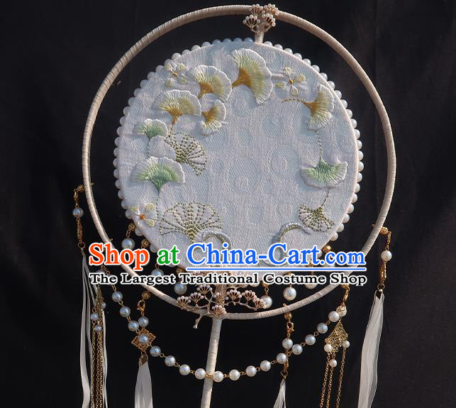 China Classical Hanfu Light Blue Silk Fan Handmade Embroidered Ginkgo Palace Fan Traditional Wedding Ribbon Tassel Fan