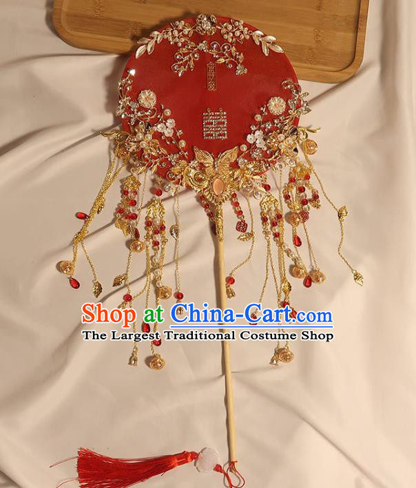 China Handmade Bride Red Silk Palace Fan Classical Dance Circular Fan Traditional Wedding Golden Butterfly Tassel Fan