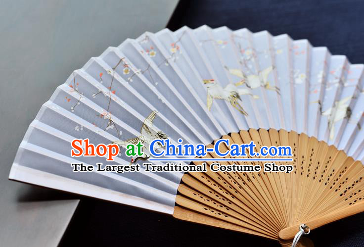 Handmade Chinese Printing Plum Cranes Folding Fan Bamboo Accordion Fan Lilac Silk Fans