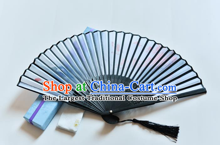 Handmade Chinese Classical Dance Accordion Printing Plum Blossom Bird Folding Fan Blue Silk Fans