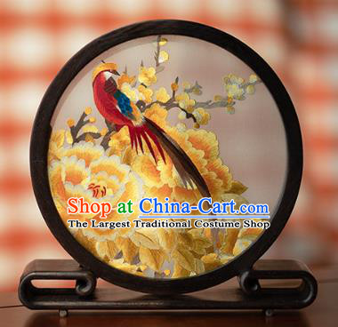 Chinese Traditional Hunan Embroidery Yellow Peony Table Screen Handmade Narra Craft Desk Circular Ornament
