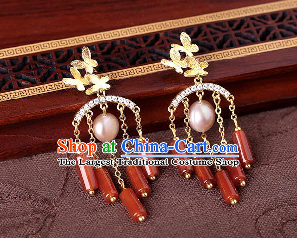 Chinese Classical Agate Tassel Ear Accessories Traditional Cheongsam Pearl Earrings
