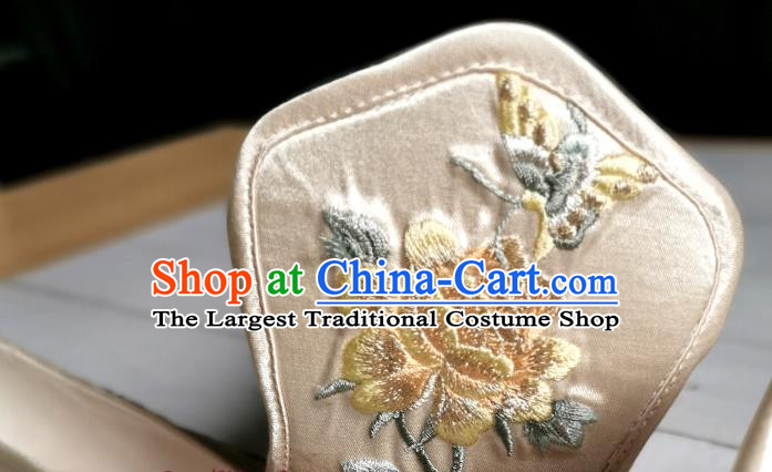 Handmade Chinese Traditional Hanfu Shoes Embroidered Peony Shoes Han Dynasty Princess Champagne Satin Shoes