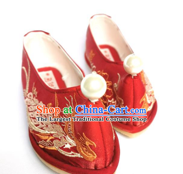 Handmade Chinese Wedding Red Satin Bow Shoes Embroidered Phoenix Shoes Traditional Hanfu Princess Shoes