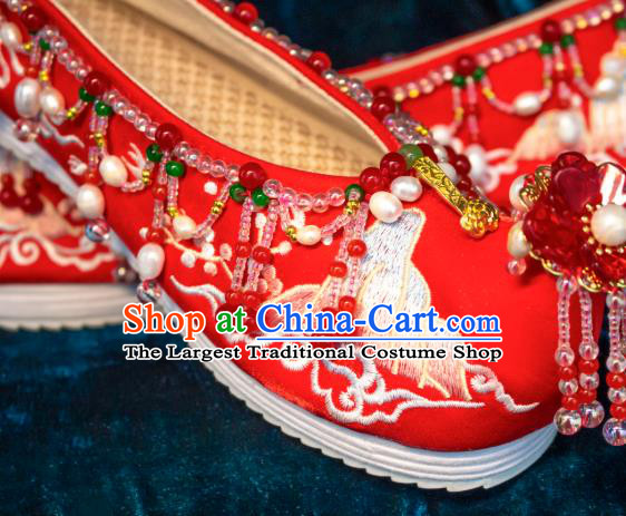 Chinese Bride Shoes Embroidered Shoes Handmade Red Shoes Traditional Red Beads Tassel Wedding Shoes