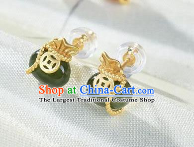 China Traditional Cheongsam Golden Copper Ear Jewelry Accessories National Jade Lucky Bag Earrings