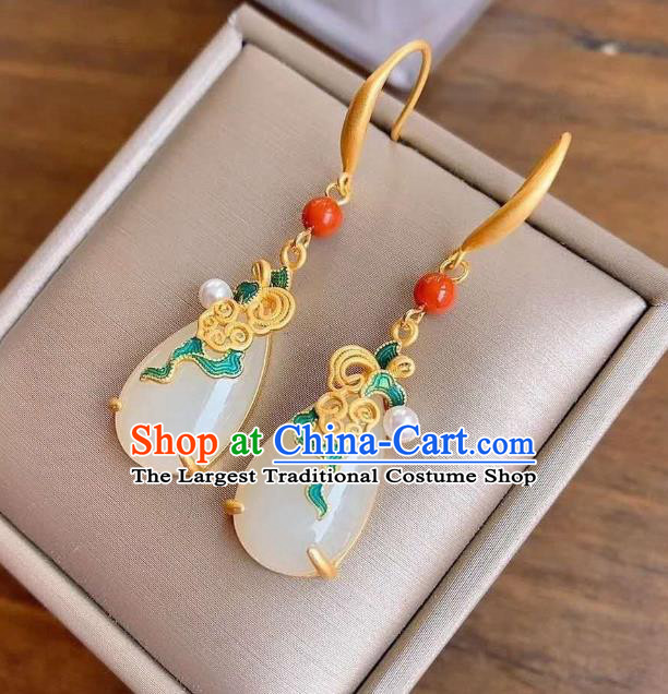 China Traditional Blueing Cloud Ear Jewelry Accessories National Cheongsam White Jade Earrings