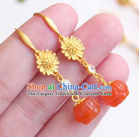 China Traditional Golden Chrysanthemum Ear Jewelry Accessories Classical Cheongsam Agate Bead Earrings