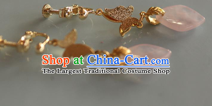 China Traditional Rose Quartz Ear Jewelry Accessories Handmade Cheongsam Golden Butterfly Earrings