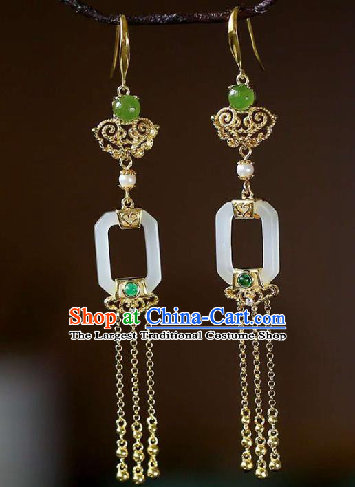 Handmade China Cheongsam Golden Tassel Earrings Traditional National Jewelry Jade Eardrop Accessories