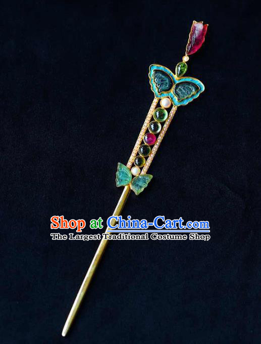 Chinese Handmade Qing Dynasty Court Tourmaline Butterfly Hair Accessories Traditional Ancient Empress Hairpin Gems Jewelry