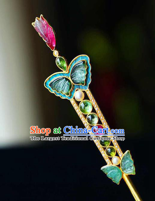 Chinese Handmade Qing Dynasty Court Tourmaline Butterfly Hair Accessories Traditional Ancient Empress Hairpin Gems Jewelry