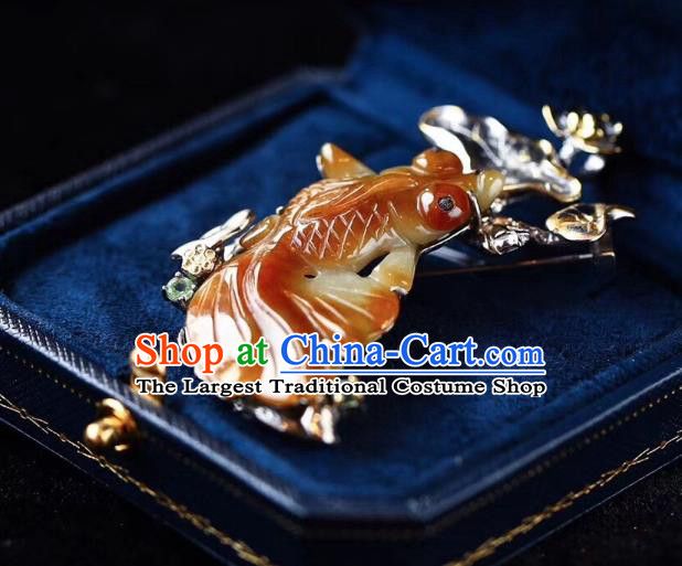 Chinese National Yellow Jade Goldfish Brooch Jewelry Traditional Handmade Silver Lotus Accessories