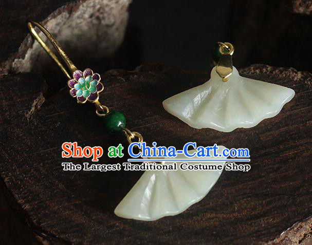 Handmade Chinese Classical Jade Fan Earrings Accessories Cheongsam Ear Jewelry Traditional Enamel Eardrop